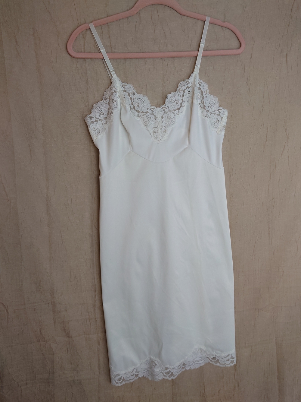 Vintage 60s Vanity Fair Women's White Lace Trim Slip Dress